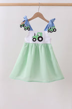 Blue Tractor Applique Seersucker Dress