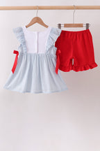 Blue Embroidered Swiss Dot Ruffle Set