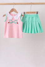 Pink apple bow embroidery skorts set