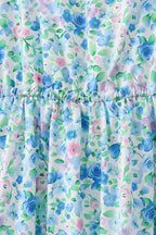 Blue Floral Tiered Women Dress