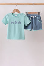 Blue Farm Tractor Embroidered Set