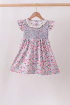 Blue Floral Smocked Ruffle Dress