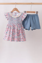 Blue Floral Smocked Scalloped Shorts Set