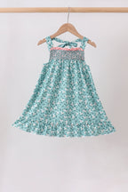 Green Floral Smocked Ruffle Dress