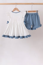 Blue Apple Crayon French Knot Ruffle Shorts Set