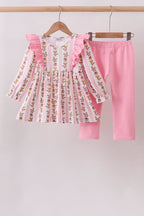 Pink Rose Stripe Ruffle Pants Set