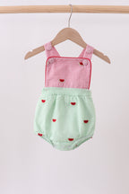 Red stripe watermelon embroidery seersucker bubble