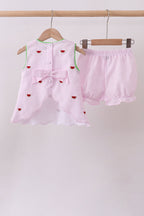 Pink stripe watermelon embroidery seersucker shorts set